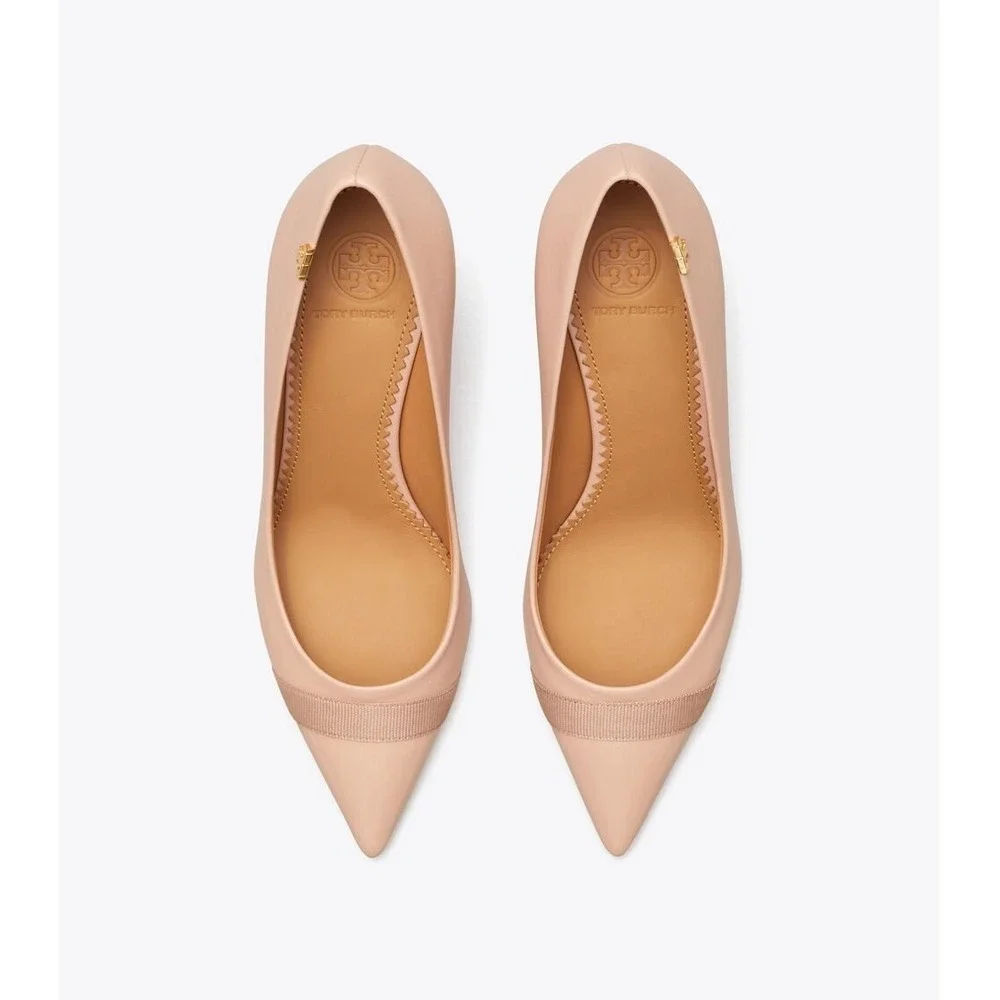 Tory Burch Chelsea Cap-Toe Pumps Blush Pink Leather Gold Logo Heels 11